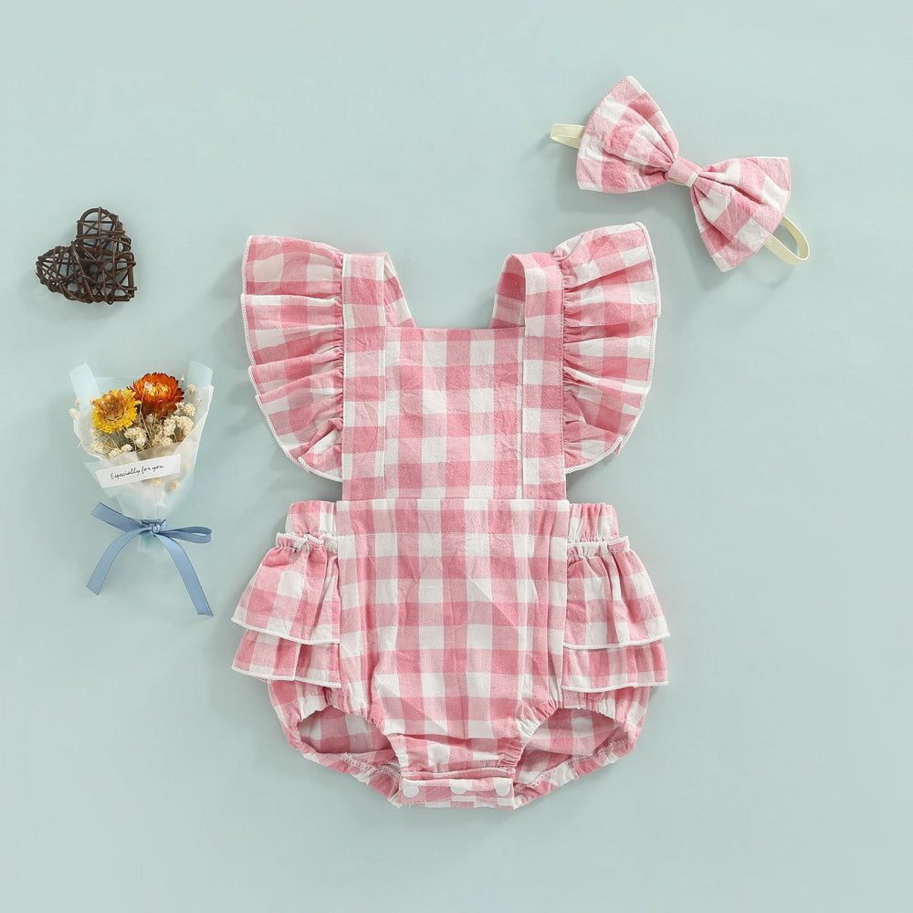 Romperzinho Xadrez Lulu com Lacinho Rosa - Minu Kids