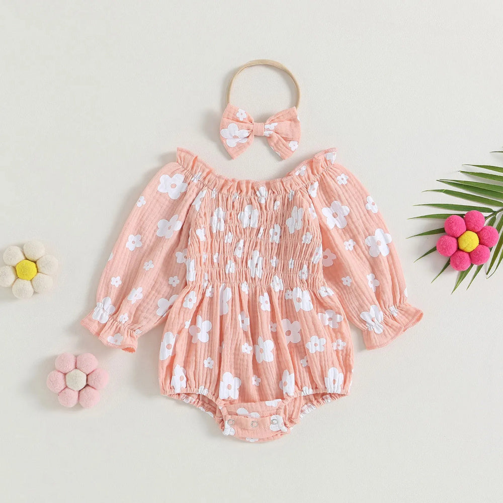 Romper Florzinha Lili Manga Comprida com Laço Rosa - Minu Kids