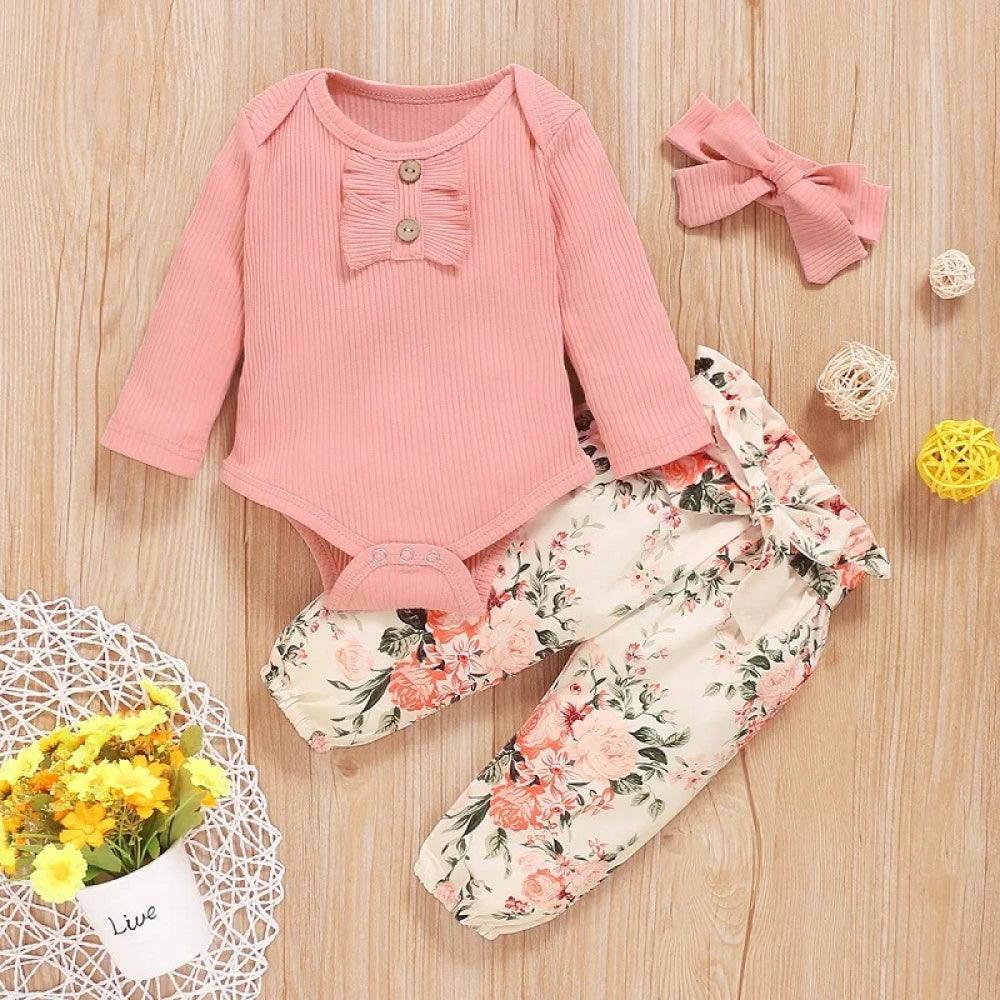 Conjunto Floral Calça e Body de Manga Comprida Rosa - Minu Kids