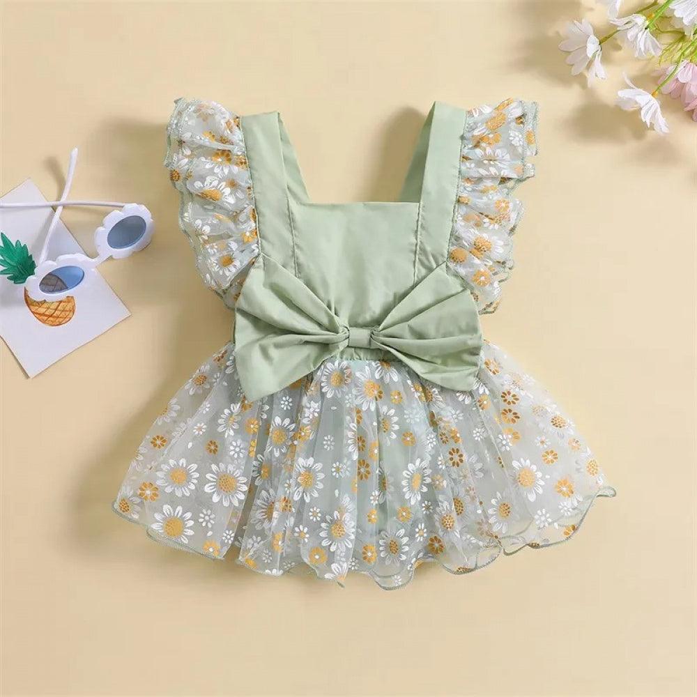 Vestidinho Nina Florzinhas com Laço Verde - Minu Kids