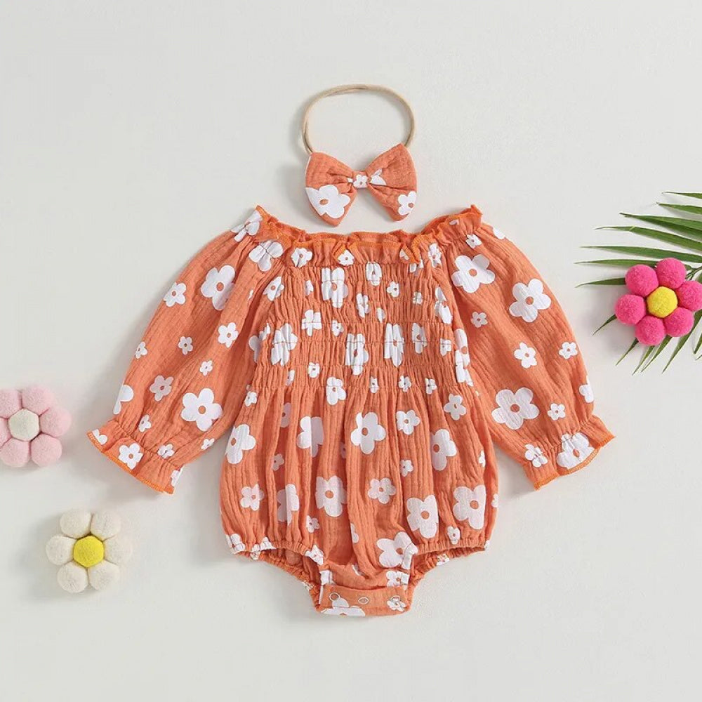 Romper Florzinha Lili Manga Comprida com Laço Laranja - Minu Kids