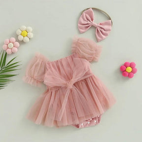 Vestidinho Julie Tule com Laço Rosa - Minu Kids